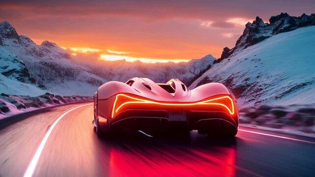 Futuristic electric car moving along a winter highway among mountains and snow-capped hills. Transport technologies of the future. Innovative technologies. Autonomous control.	