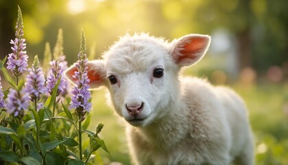 Obraz premium Cute lamb among purple flowers in a sunny meadow