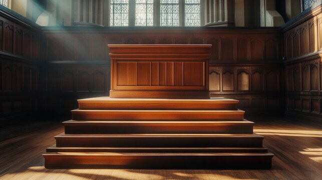 Elevated Wooden Lectern Platform in Sunlit Historic Room Architectural Interior Design