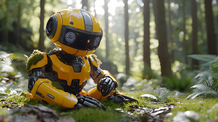 Fototapeta premium Appealing image of a robot in a forest setting perfect for use as a background for website banners social media graphics or illustrations for articles about technology and the environment