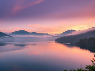 Fototapeta premium Serene Sunrise Misty Mountain Lake Landscape