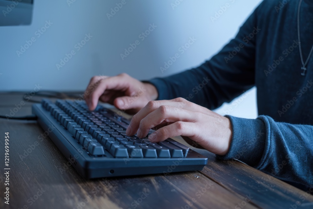 Poster a person's hands typing on a dark-colored keyboard, working on a computer.