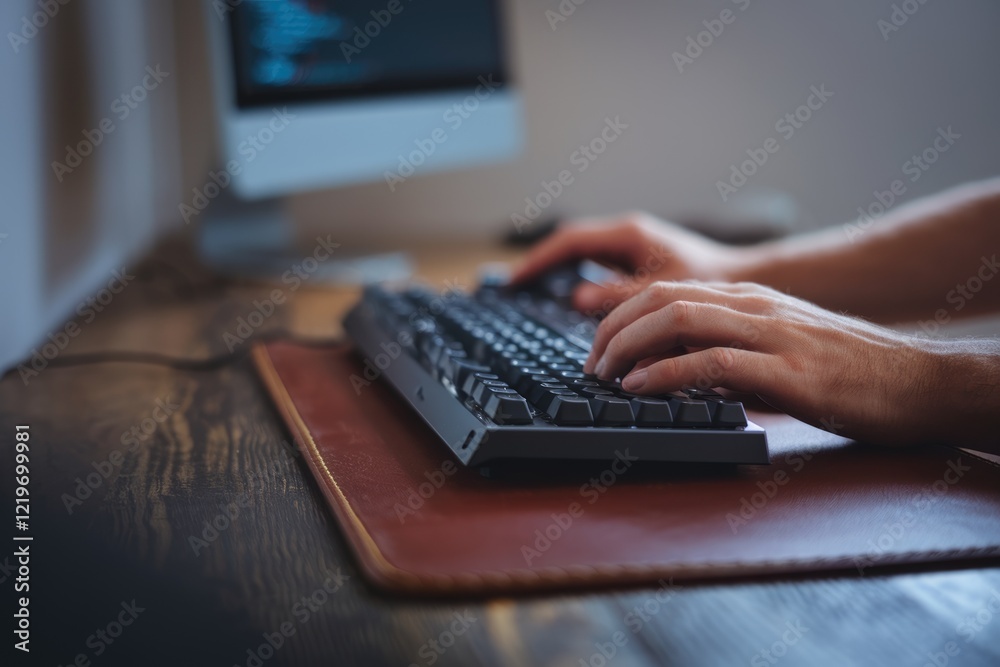 Poster Person typing on a keyboard at a desk in front of a computer screen.