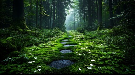 Obraz premium Mystical forest path, mossy stones, morning mist, nature serenity, meditation background