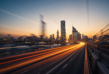 City lights and skyscrapers captured at high speed with motion blur, featuring glowing orange and yellow light trails that curve into the horizon at sunset. hd image