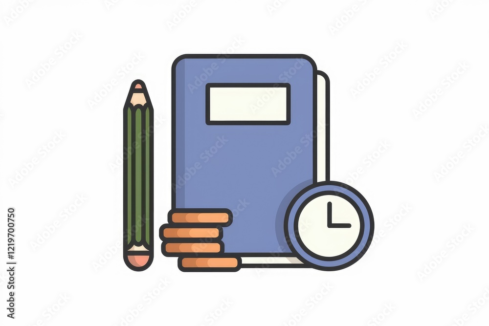 Poster notebook, pencil, coins, and clock symbolize time management and study.