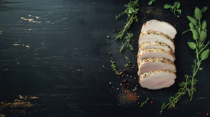 Sliced Pork Loin Positioned on the Bottom-Right Corner of a Black Wooden Surface, Accompanied by Herbs and Spices, with Ample Space Above for Text