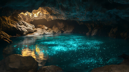 Obraz premium A mystical lagoon hidden deep within a cavern, its crystal-clear waters teeming with bioluminescent creatures and shimmering with otherworldly light. illustration. Whispering Lagoon. Illustration