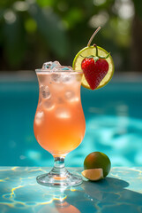 Obraz premium A vibrant summer poolside cocktail garnished with strawberries and lime against a tropical backdrop, conveying an atmosphere of relaxation and freshness.