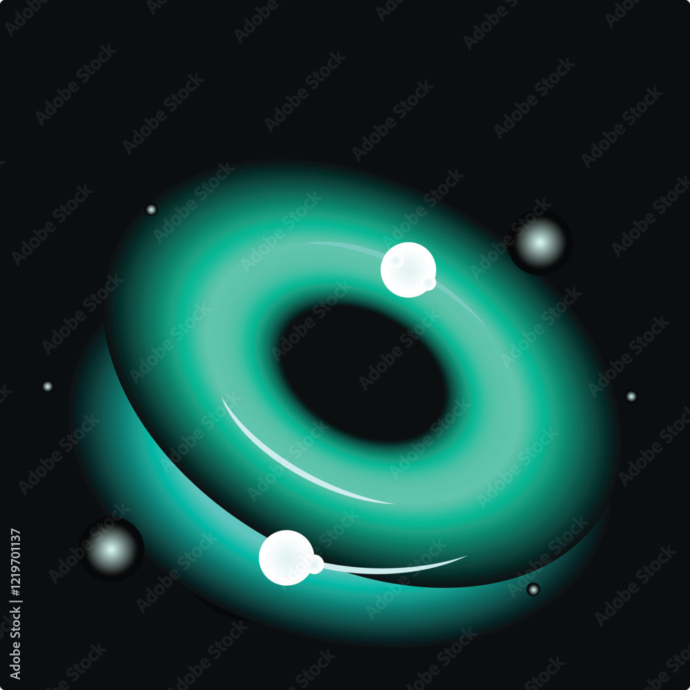 Canvas Prints turquoise torus rotating in dark space with planets and stars, generating a cosmic atmosphere