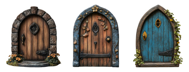 Three distinct fantasy doors with unique designs and textures on a transparent background