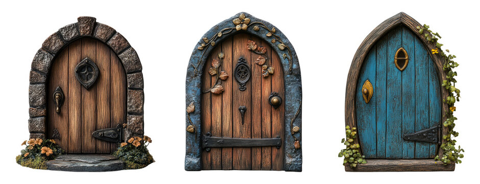 Three distinct fantasy doors with unique designs and textures on a transparent background