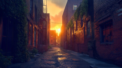 Fototapeta premium Quiet Sunset Alley with Overgrown Bricks and Urban Architecture