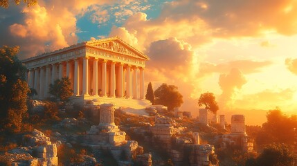 Obraz premium Golden sunset behind temple’s majestic columns high resolution image