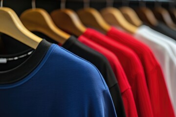 Clothing store display, various shirts in different colors and patterns