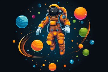 Naklejka premium Exploring vibrant space with an astronaut and colorful planets. Generative AI