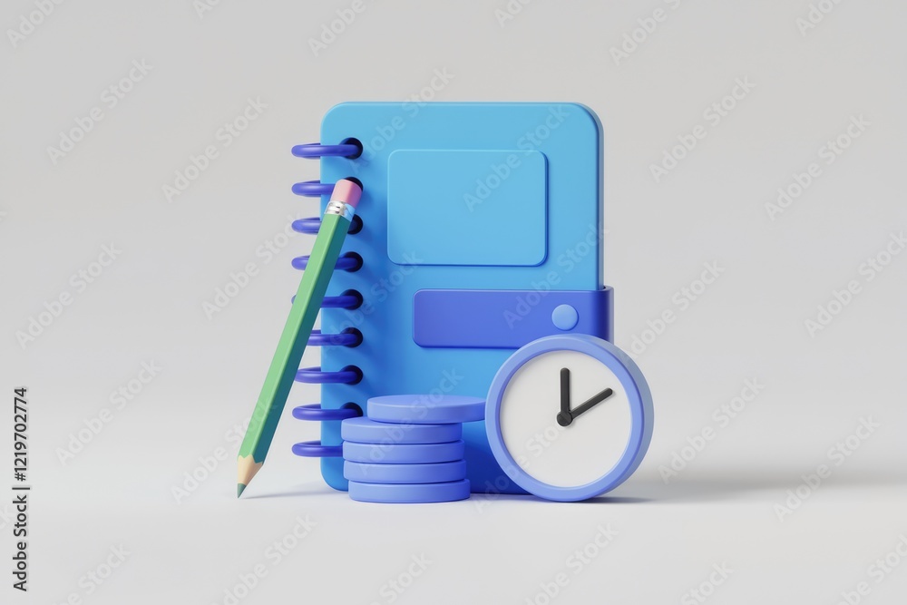 Poster 3D rendering of a notebook, pencil, coins, and clock symbolizing time management and planning.