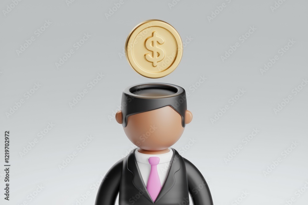 Poster a 3d rendering of a businessman with a gold dollar coin above his open head, symbolizing financial i
