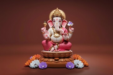 Obraz premium Ganesha statue on pedestal surrounded by flowers.