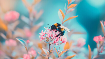 Bee on Pink Flower in Vibrant Summer Garden Close-Up