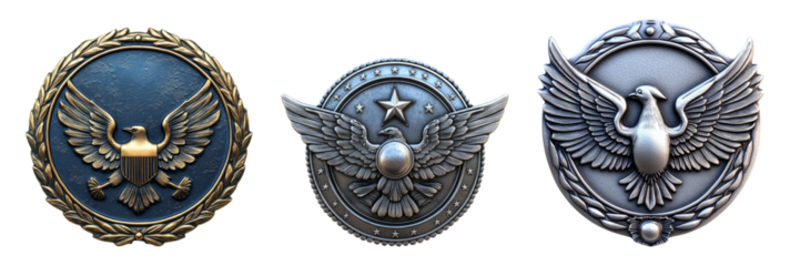 Three distinct military-style emblems displayed on a transparent background