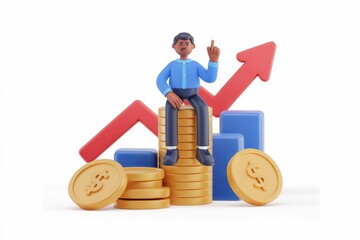 A 3D illustration of a businessman sitting atop a stack of coins, symbolizing financial success and growth.