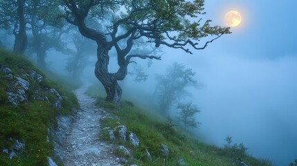 Foggy mountain path with eerie twisted trees, full moon lighting the trail, creepy forest theme 