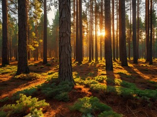 Obraz premium Golden Hour Forest Sunset Pine Trees Moss Nature Scene