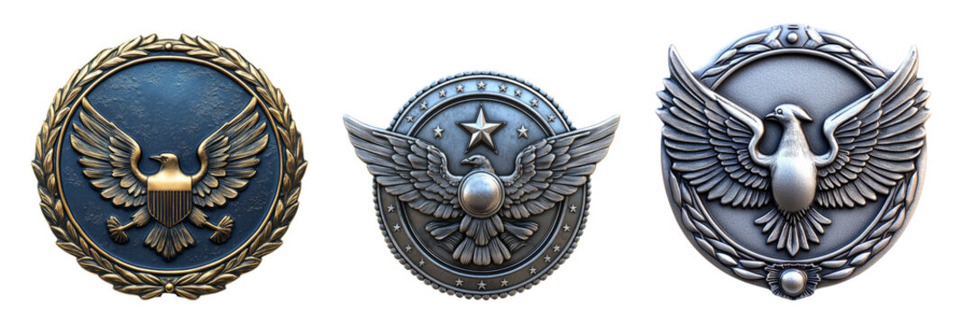 Three distinct military-style emblems displayed on a transparent background