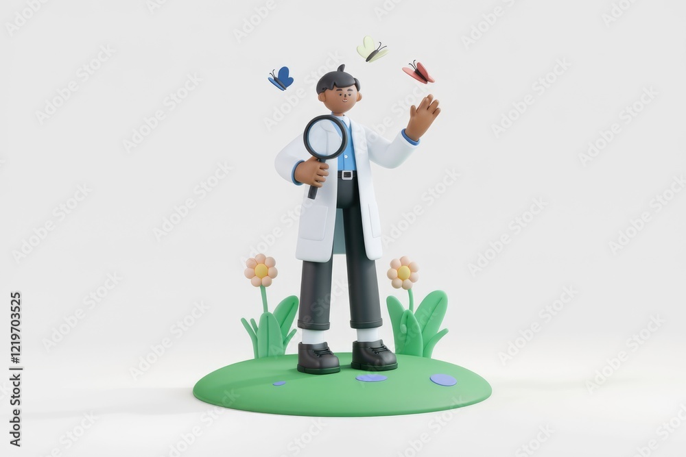 Poster a 3d rendered cartoon scientist observes butterflies in a garden using a magnifying glass.