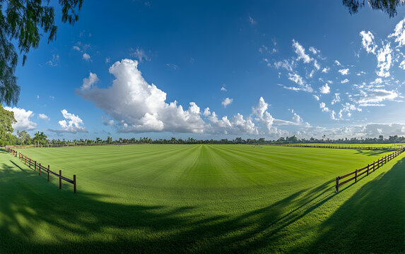 Panoramic view of a lush polo field with goalposts at either end, framed by a picturesque rural landscape under an expansive sky