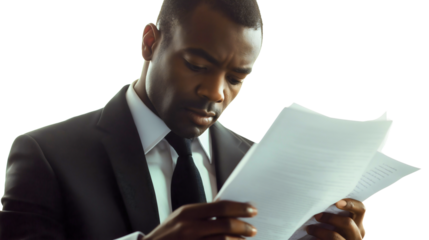 Serious Businessman Analyzing Financial Documents in Corporate Environment