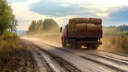 Hay-Filled Trailer Driving Through Rural Fields