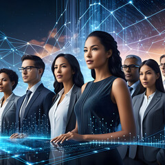 Futuristic Business Team with Holographic Interfaces – Digital Transformation, AI & Tech Branding