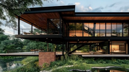 luxurious modern villa with sleek black and white architecture, large glass windows, elegant lighting, and premium landscaping in an upscale neighborhood