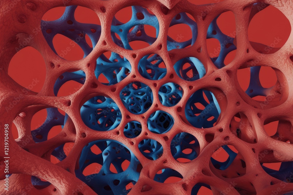 Fototapete abstract 3d rendering of a red and blue organic structure with a porous surface.