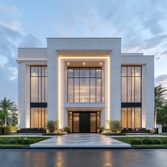modern white villa with minimalist design, large glass windows, elegant lighting, and a spacious outdoor area creating a luxurious atmosphere