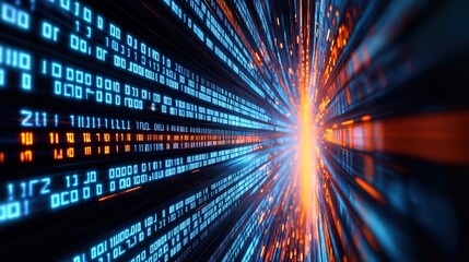 Dynamic digital interface shows binary code stream. Fast moving data visualization displays network activity. High speed data transfer evident in abstract digital illustration. Virtual network world
