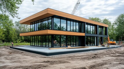 modern glass and wood house under construction, featuring large windows, sustainable architecture, and workers building the foundation in a forest setting