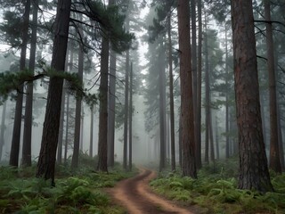Obraz premium Misty Forest Path Tall Trees Foggy Woods Nature Trail
