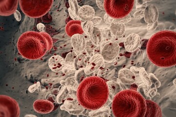 Fototapeta premium Microscopic View of Blood Cells: Red and White Blood Cells Flowing Through Blood Vessels