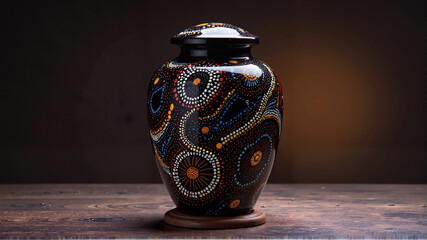 A vibrant, colorful funeral urn with intricate dot-painted designs, symbolizing a unique and personal tribute for honoring a loved one during a memorial service or ceremony