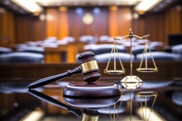 A wooden gavel and scales of justice in a courtroom.