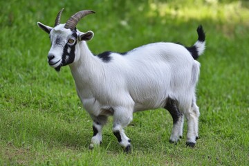 Fototapeta premium A goat stands atop a lush green field