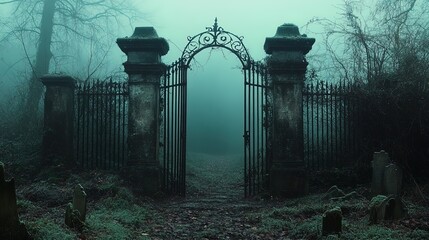 Creepy, overgrown cemetery gate with twisted iron bars and dense fog, unsettling entrance to the unknown 