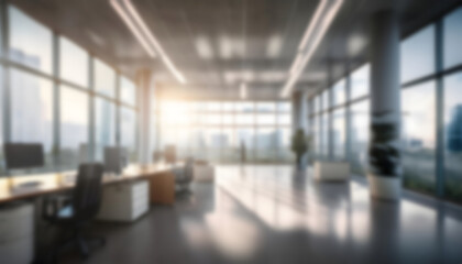 Abstract blurred modern spacious office background with beautiful lighting and big panoramic windows