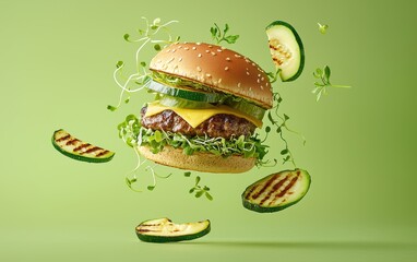 A vegetarian burger with floating avocado slices, sprouts, and grilled zucchini, on a gradient green-to-yellow background