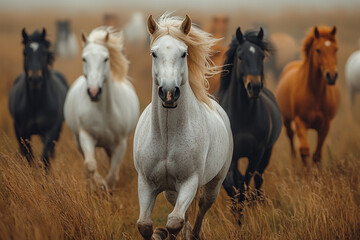 White Horse Leading Herd Across Golden Field