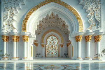 A grand white and gold building with columns, suitable for architectural or decorative use