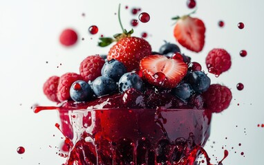 A vibrant splash of red berry compote with flying strawberries, raspberries, and blueberries, bursting energetically on a clean white background